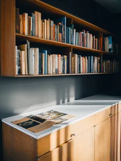 Vollgepacktes Bücherregal neben weißem Tresen in modernem Raum