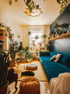 Blaues Sofa mit bunten Kissen in modernem Wohnzimmer