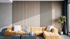 Moderner Wohnraum mit gelbem Sofa