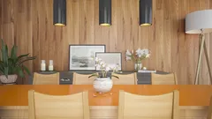 Schwarzer Flachbildfernseher auf braunem Holztisch im Esszimmerdesign